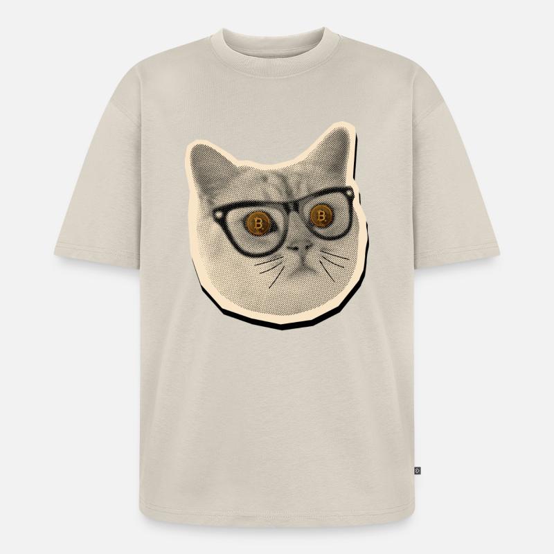 Comic-Katze mit Bitcoin-Brille - Unisex Premium Oversized Bio T-Shirt - Beige