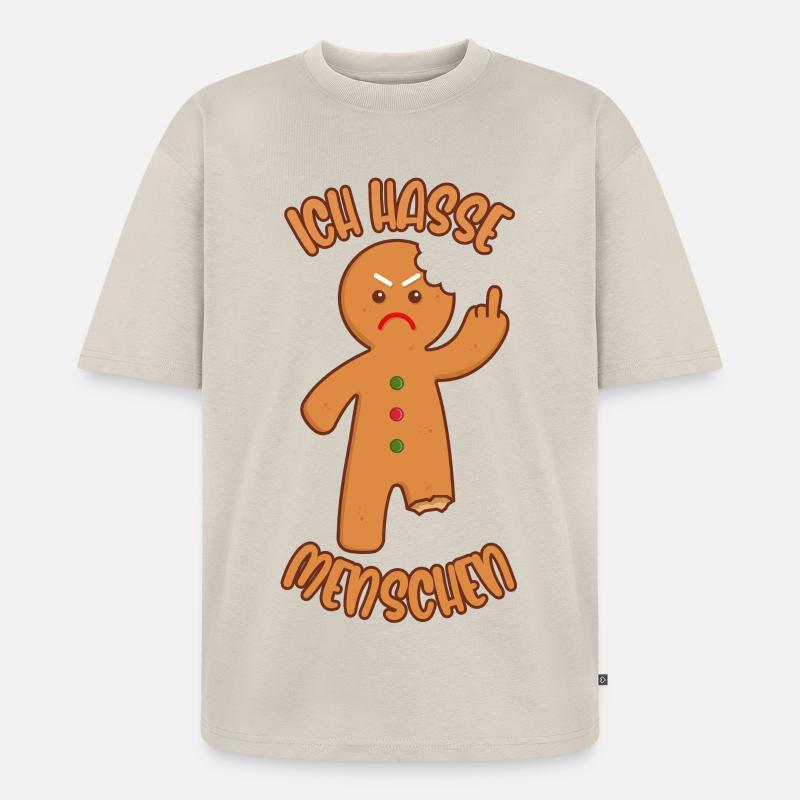 Lebkuchenmann Mittelfinger Ich hasse Menschen - Unisex Premium Oversized Bio T-Shirt - Beige