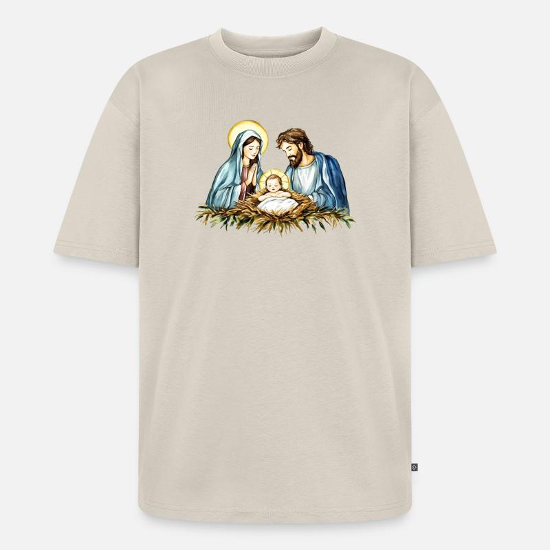 Weihnachtspullover Weihnachten an der Krippe Jesus - Unisex Premium Oversized Bio T-Shirt - Beige