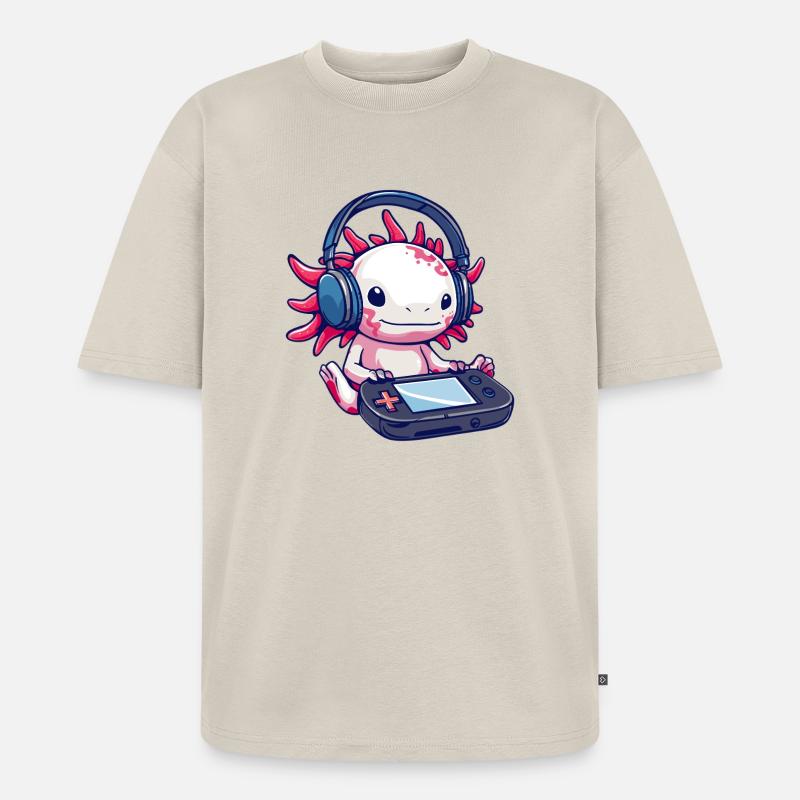 Axolotl mit Kopfhörern und Gaming-Controller - Unisex Premium Oversized Bio T-Shirt - Beige