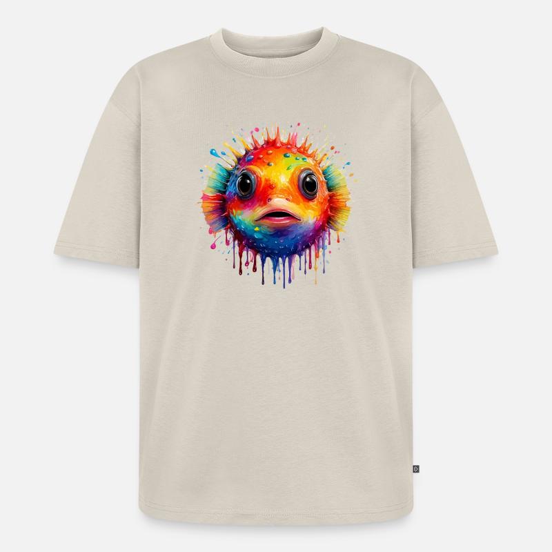 Farbexplosion Pufferfisch Kunstdruck - Unisex Premium Oversized Bio T-Shirt - Beige