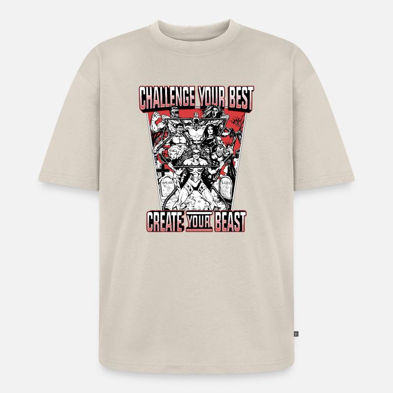 CYB - Backprint - Black/White/Red - Challenge - Unisex Premium Oversized Bio T-Shirt - Beige