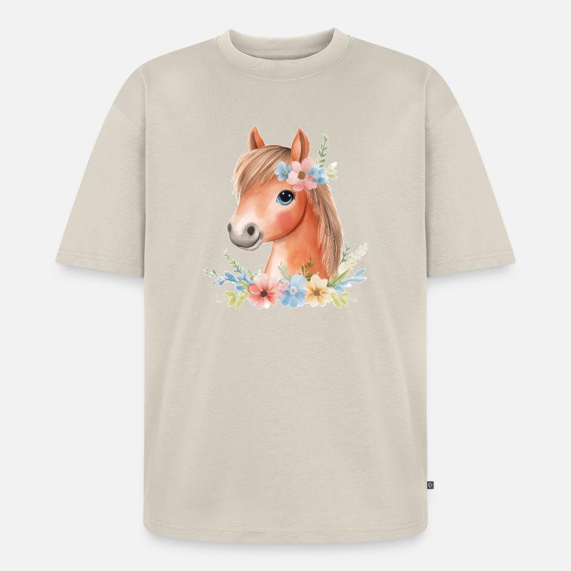 Cheval mignon avec des fleurs - T-shirt Premium bio oversize Unisexe - beige