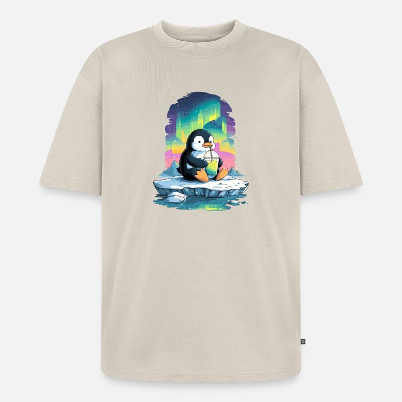 Pinguin am Eis mit Neon-Aurora - Unisex Premium Oversized Bio T-Shirt - Beige
