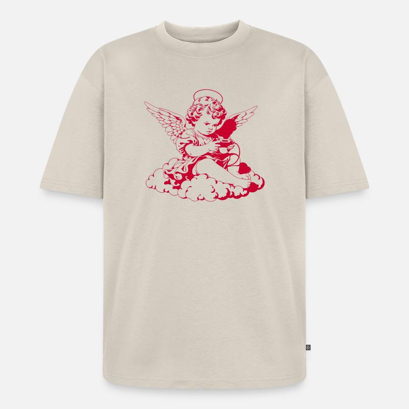 Gaming Engel – Cherub mit Controller - Unisex Premium Oversized Bio T-Shirt - Beige