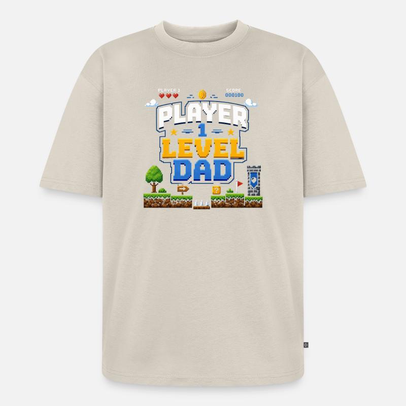 Pixellevel Vater: Retro Spielwelt - Unisex Premium Oversized Bio T-Shirt - Beige