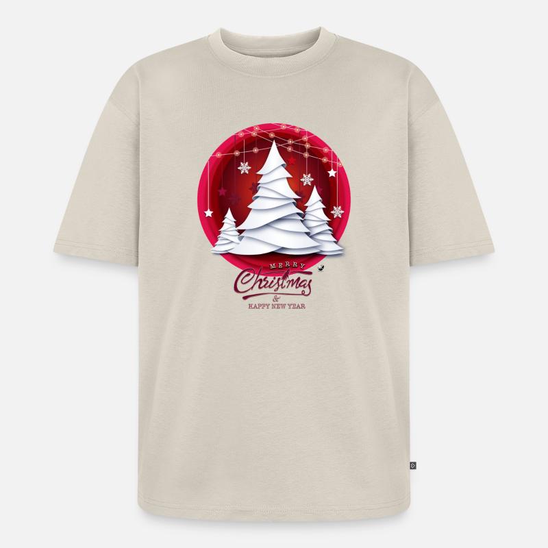 Rotes Weihnachtskugel mit weissen Tannenbäume - Unisex Premium Oversized Bio T-Shirt - Beige