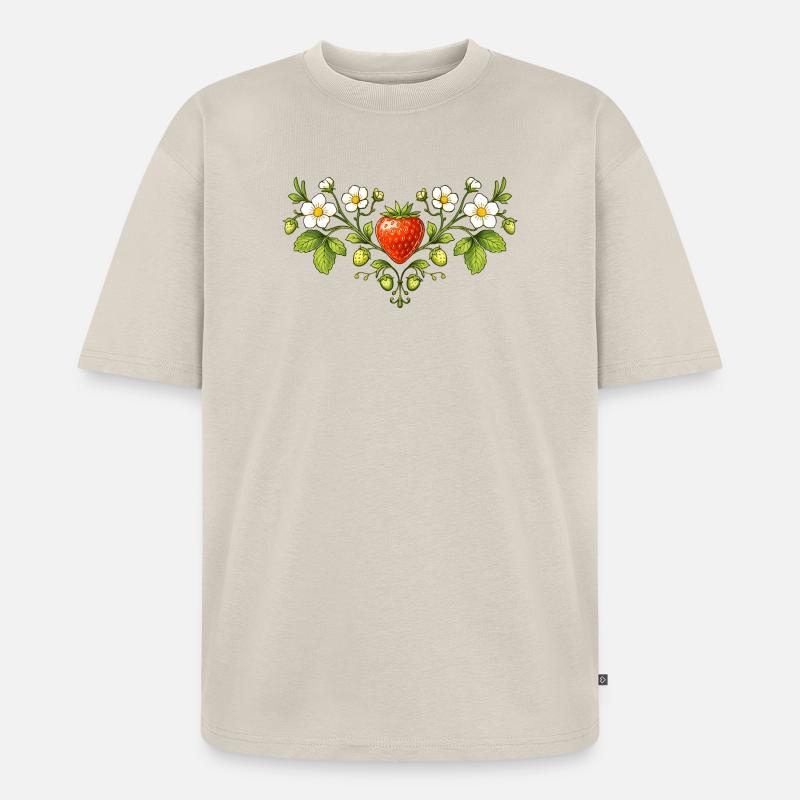 Erdbeer Ornament mit Blüten  - Unisex Premium Oversized Bio T-Shirt - Beige