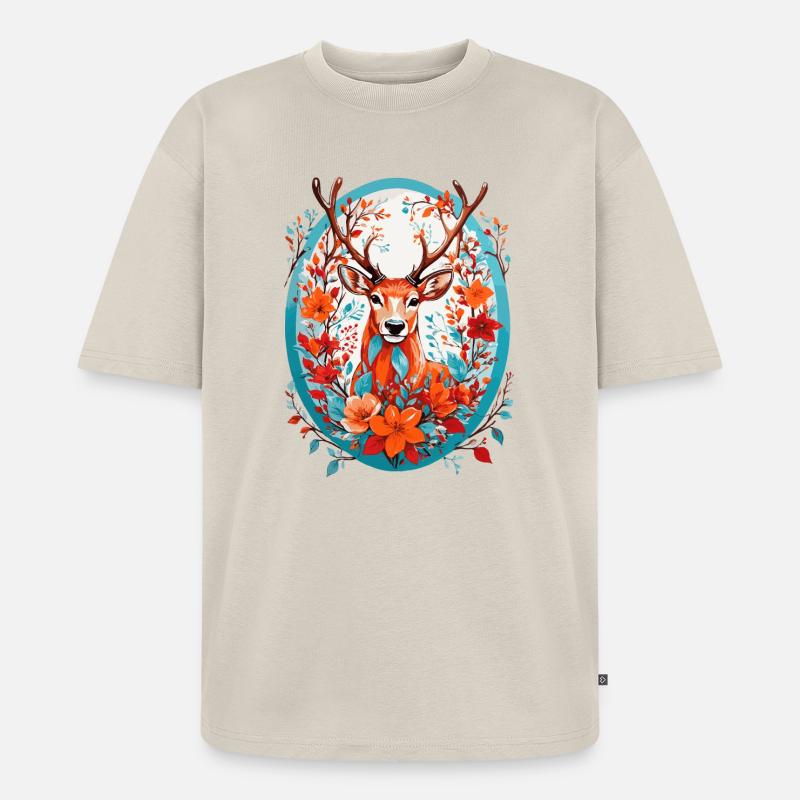 Hirsch mit Blumen - Unisex Premium Oversized Bio T-Shirt - Beige
