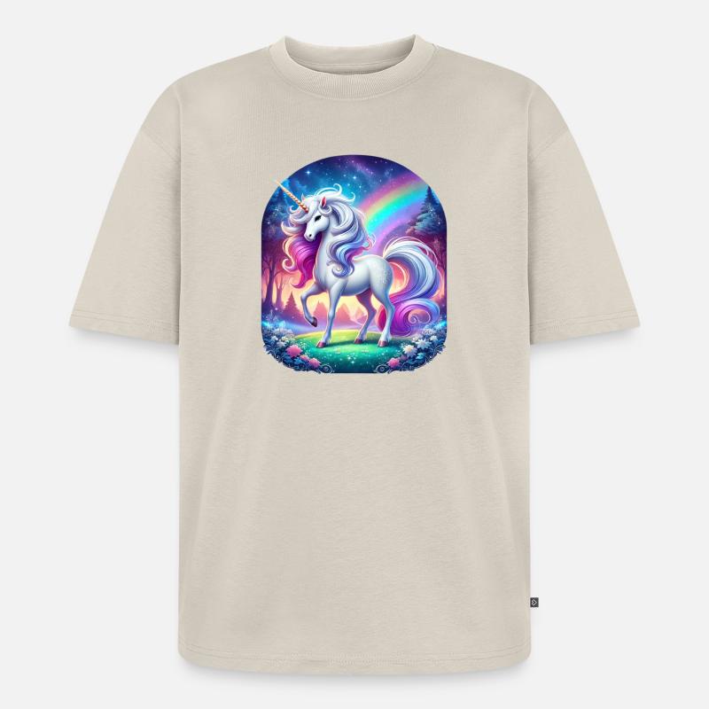 Regenbogen-Einhorn im Waldtraum - Unisex Premium Oversized Bio T-Shirt - Beige