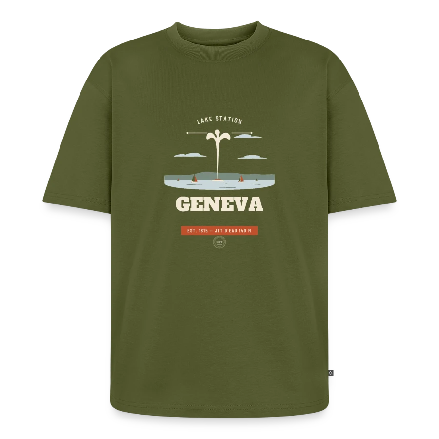 Geneva badge on a unisex premium oversized organic t-shirt, khaki