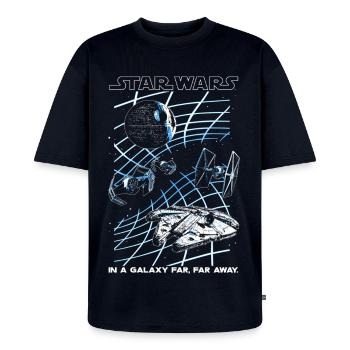 Star Wars Motiv & Spruch In A Galaxy Far, Far Away - Unisex Premium Oversized Bio T-Shirt - Navy - Vorne - Thijin (182cm) & Selfina (174cm)