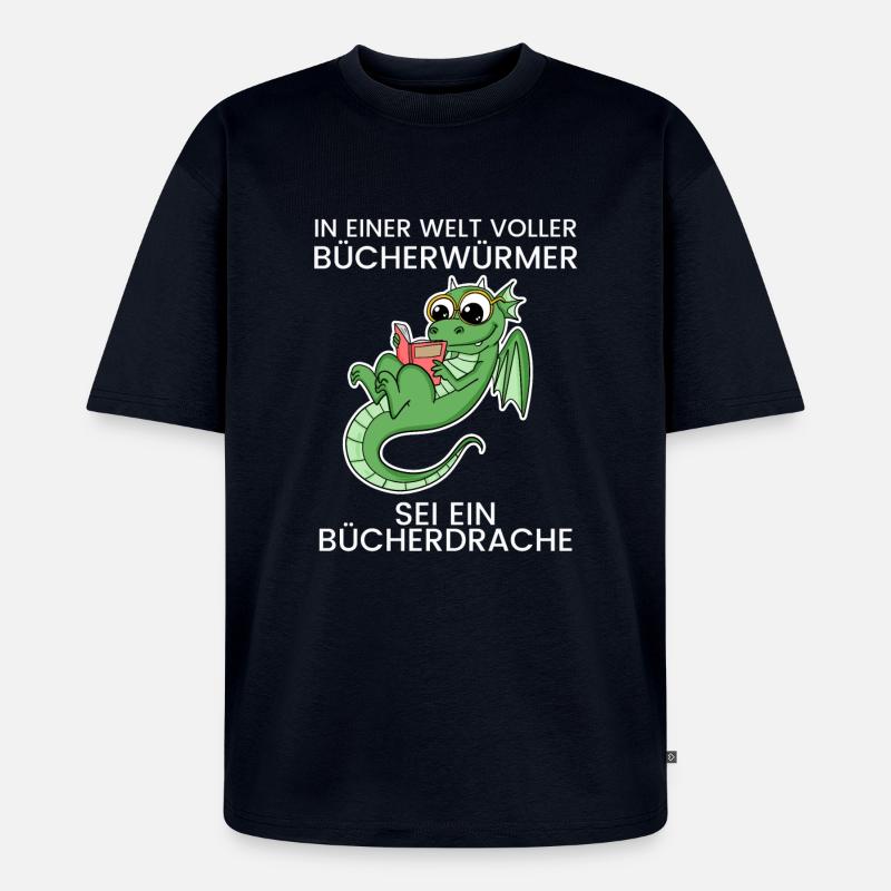 Bücher Drache Drachen - Unisex Premium Oversized Bio T-Shirt - Navy