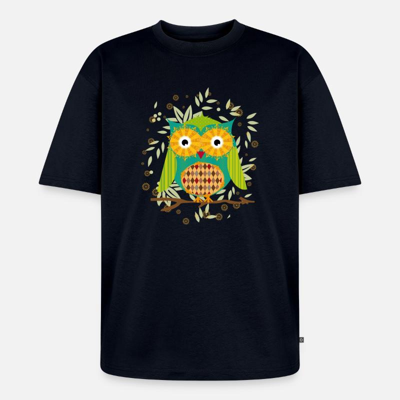 kunstvoll gestaltete Eule mit Patchwork-Muster - Unisex Premium Oversized Bio T-Shirt - Navy