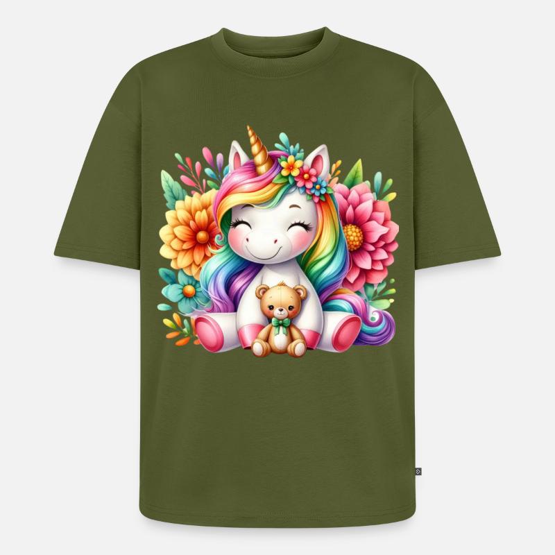 Regenbogen Einhorn Blumentraum - Unisex Premium Oversized Bio T-Shirt - Khaki