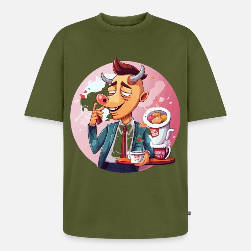 Büro-Bulle mit Kaffee und Kuchen - Unisex Premium Oversized Bio T-Shirt - Khaki