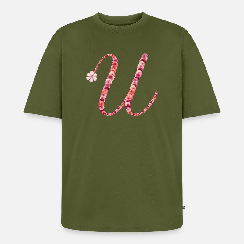 Romantic floral monogram "U" - Unisex Premium Oversized Organic T-Shirt - khaki