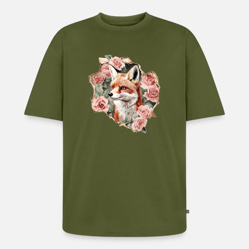 Ræv med roser - Unisex Premium oversized økologisk T-shirt - khaki