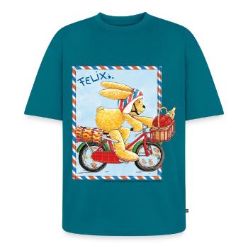 Felix der Hase Fahrradausflug - Unisex Premium Oversized Bio T-Shirt - Petrol - Vorne - AI Model Male 185 light (185cm)
