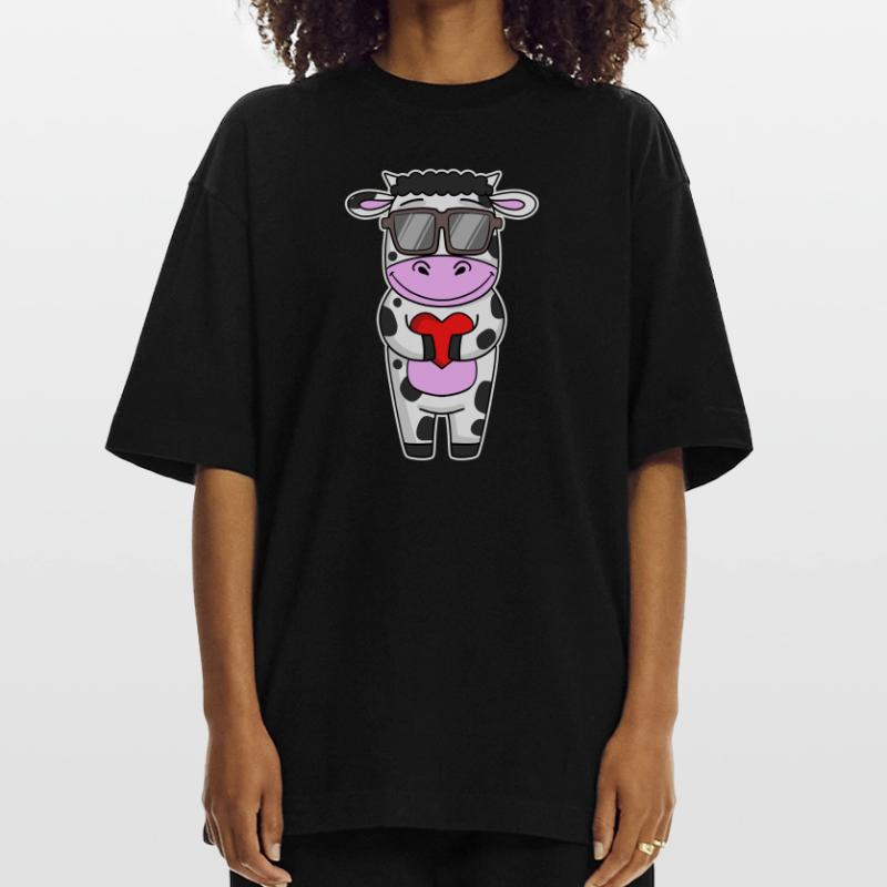 Mucca con occhiali da sole e cuore Maglietta ecologica oversize Heavyweight Made in UE