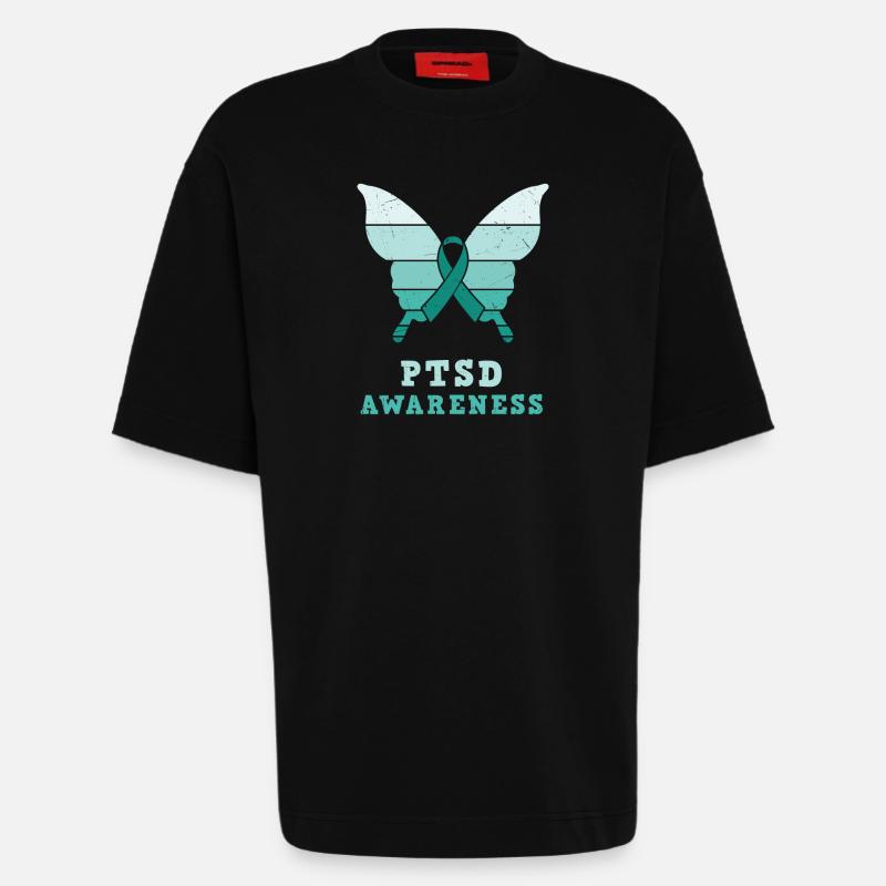 Papillon Ptsd Sensibilisation Ruban sarcelle - T-shirt bio épais oversize fabriqué en UE - SOLID BLACK
