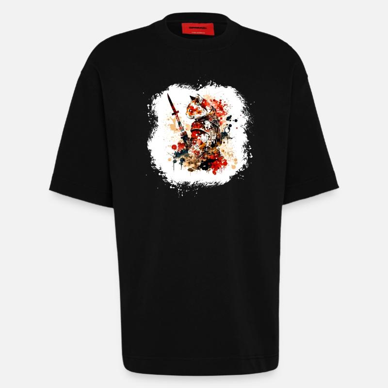 Samurai Katze Rot Schwarz - Heavyweight T-Shirt - made by SPREAD  - SOLID BLACK