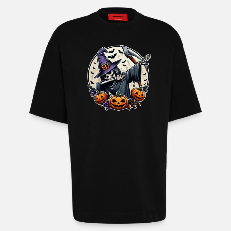 Dabbender Sensenmann mit Hexenhut - Halloween - Heavyweight T-Shirt - made by SPREAD - SOLID BLACK