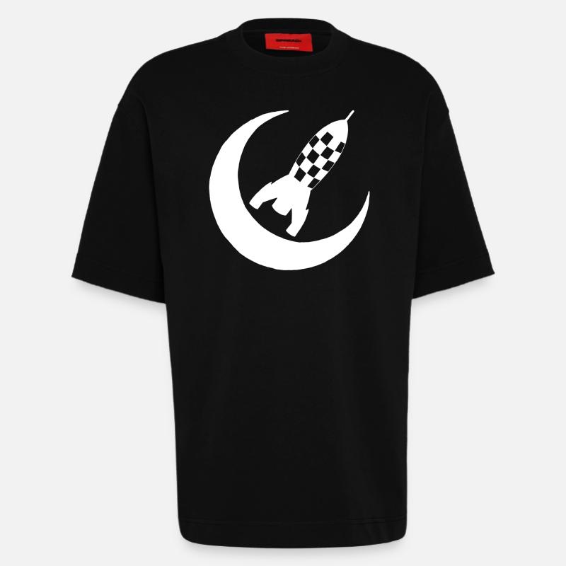 White rocket and half moon - Heavyweight T-Shirt - made by SPREAD  - SOLID BLACK