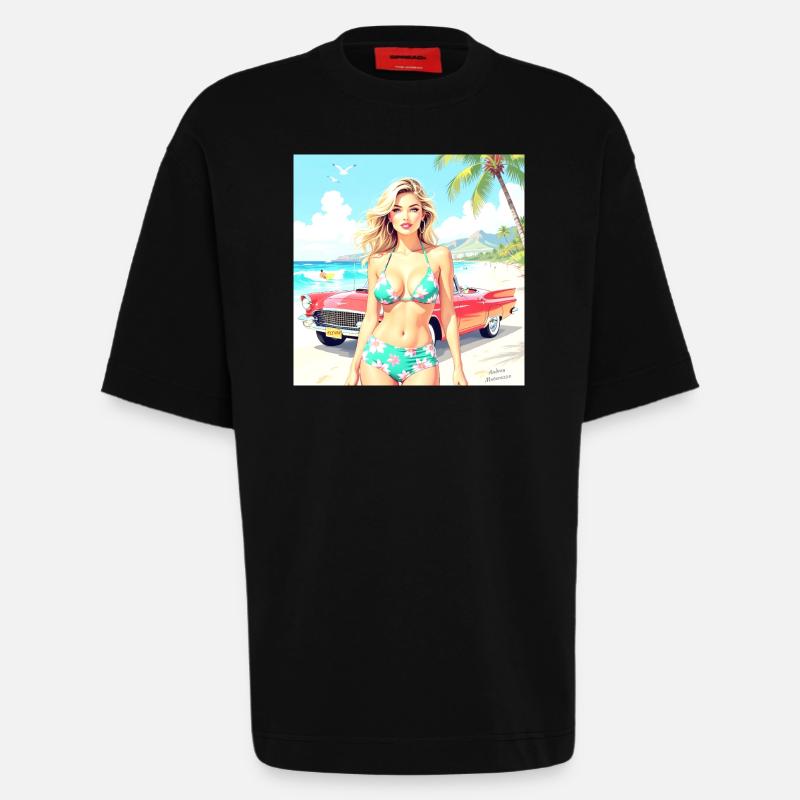 Frau am Strand mit Oldtimer - Heavyweight T-Shirt - made by SPREAD  - SOLID BLACK