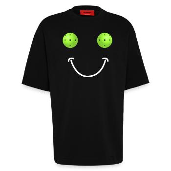 Pickleball Happy Face - Heavyweight T-Shirt - made by SPREAD  - SOLID BLACK - Front - Fiona (171cm)