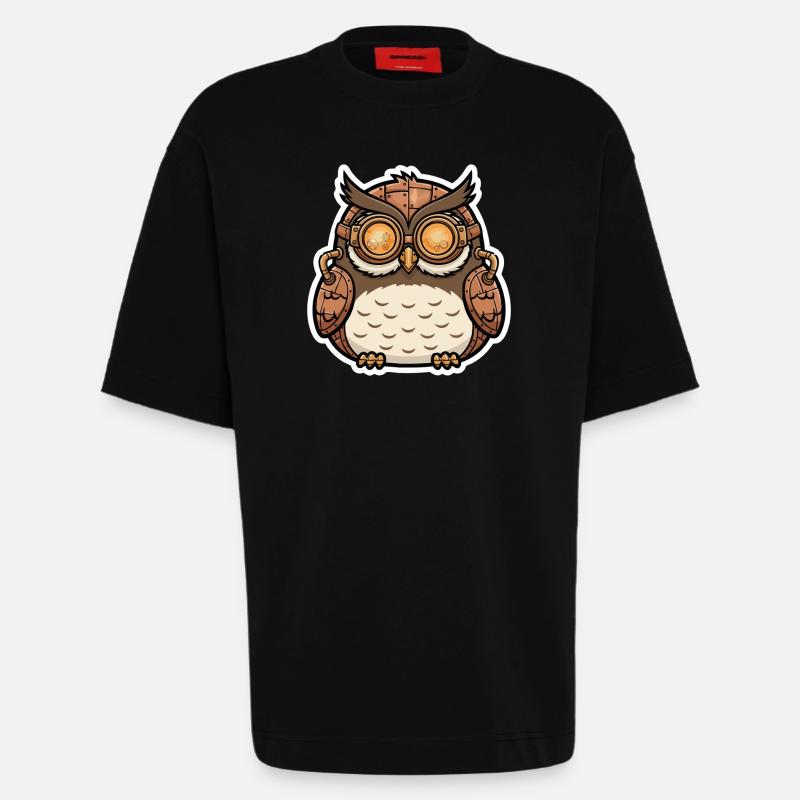 Eule Steampunk Cyborg Brille Zahnräder - Heavyweight T-Shirt - made by SPREAD  - SOLID BLACK