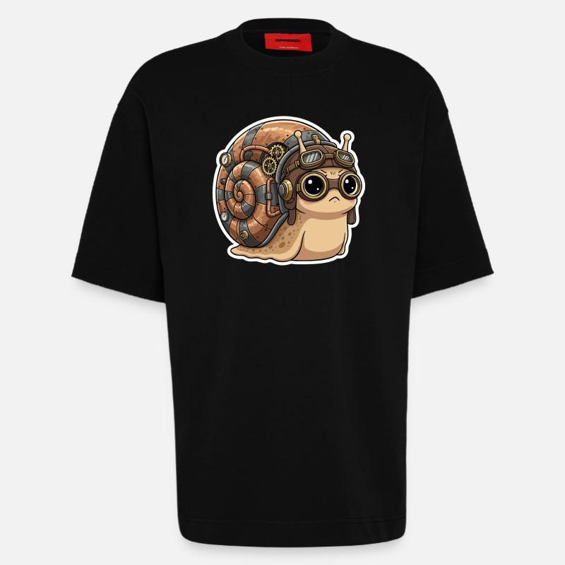 Snail Aviator Steampunk Shell Copper - Heavyweight T-Shirt - made by SPREAD  - SOLID BLACK