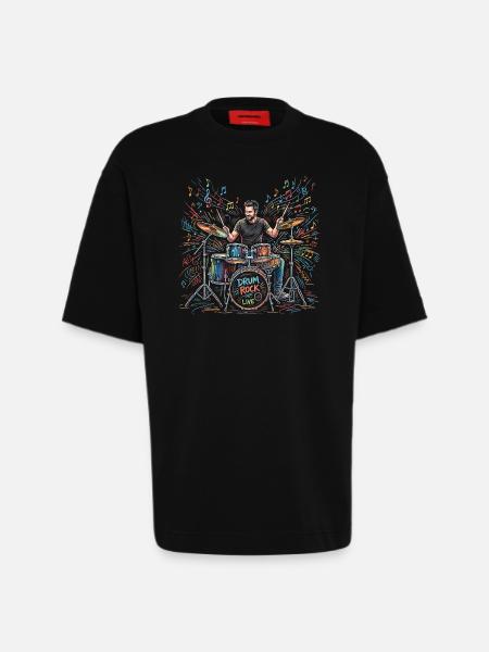 Male Drummer Playing Drum Set Print - Heavyweight T-Shirt - made by SPREAD  - SOLID BLACK