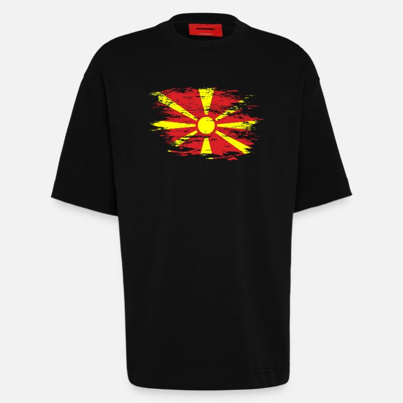 Drapeau de la Macédoine utilisé - T-shirt bio épais oversize fabriqué en UE - SOLID BLACK