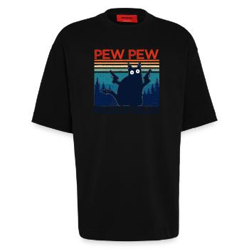 pew pew funny cat funny cat gift idea - Heavyweight T-Shirt - made by SPREAD  - SOLID BLACK - Front - Fiona (171cm)