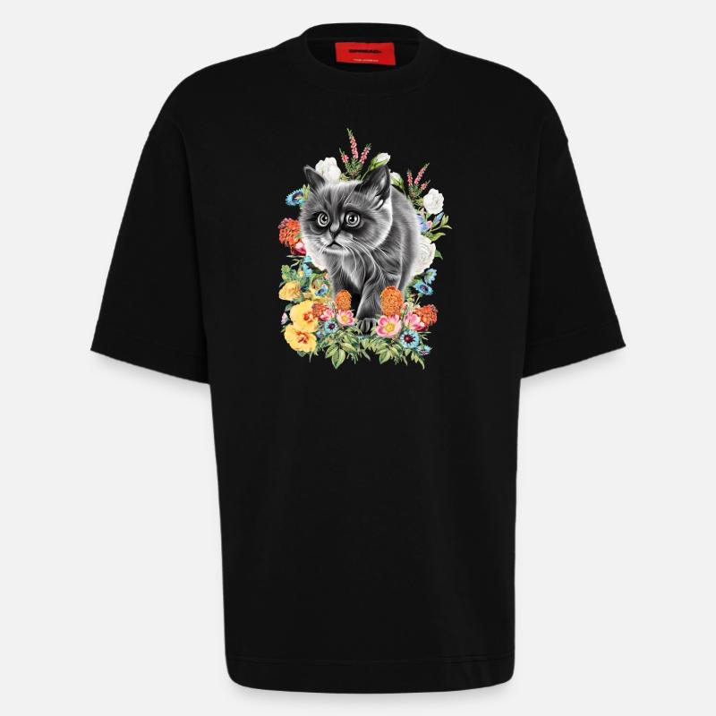 Fleurs de chat - T-shirt bio épais oversize fabriqué en UE - SOLID BLACK
