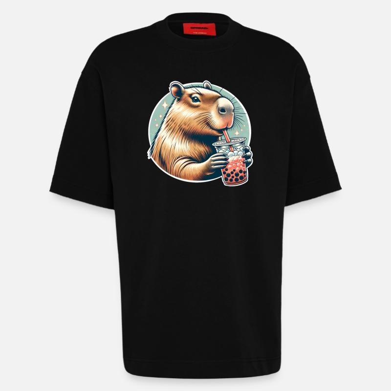 Capybara Bubble Tea - Heavyweight T-Shirt - made by SPREAD  - SOLID BLACK