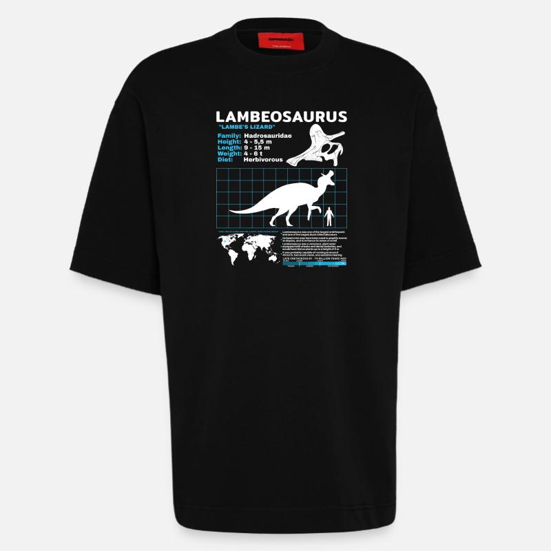 Lambeosaurus Datenblatt Fact Sheet - Heavyweight T-Shirt - made by SPREAD - SOLID BLACK