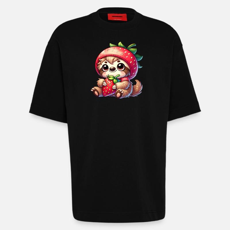 Faultier Erdbeere Sommerfrucht Design - Heavyweight T-Shirt - made by SPREAD  - SOLID BLACK