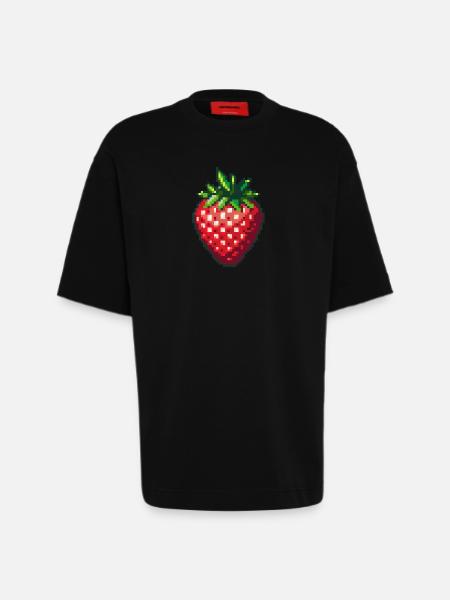 Pixel Fraise Fruit d’été - T-shirt bio épais oversize fabriqué en UE - SOLID BLACK