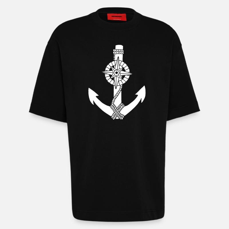 White anchor compass - Heavyweight T-Shirt - made by SPREAD - SOLID BLACK