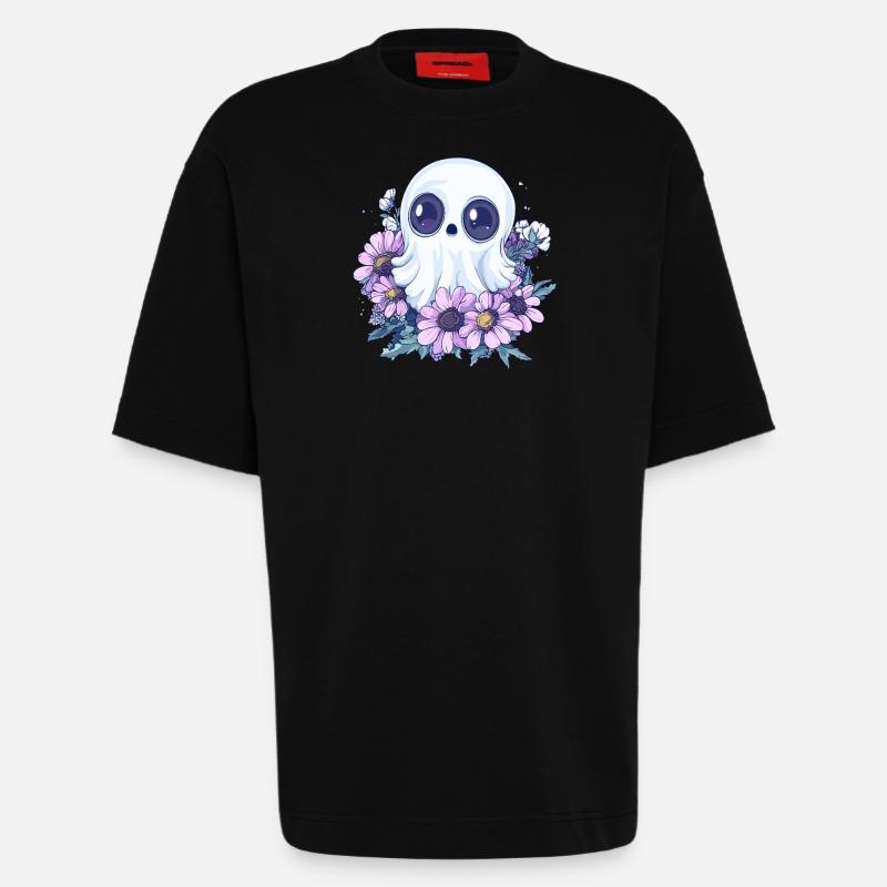Fantôme avec des fleurs - T-shirt bio épais oversize fabriqué en UE - SOLID BLACK