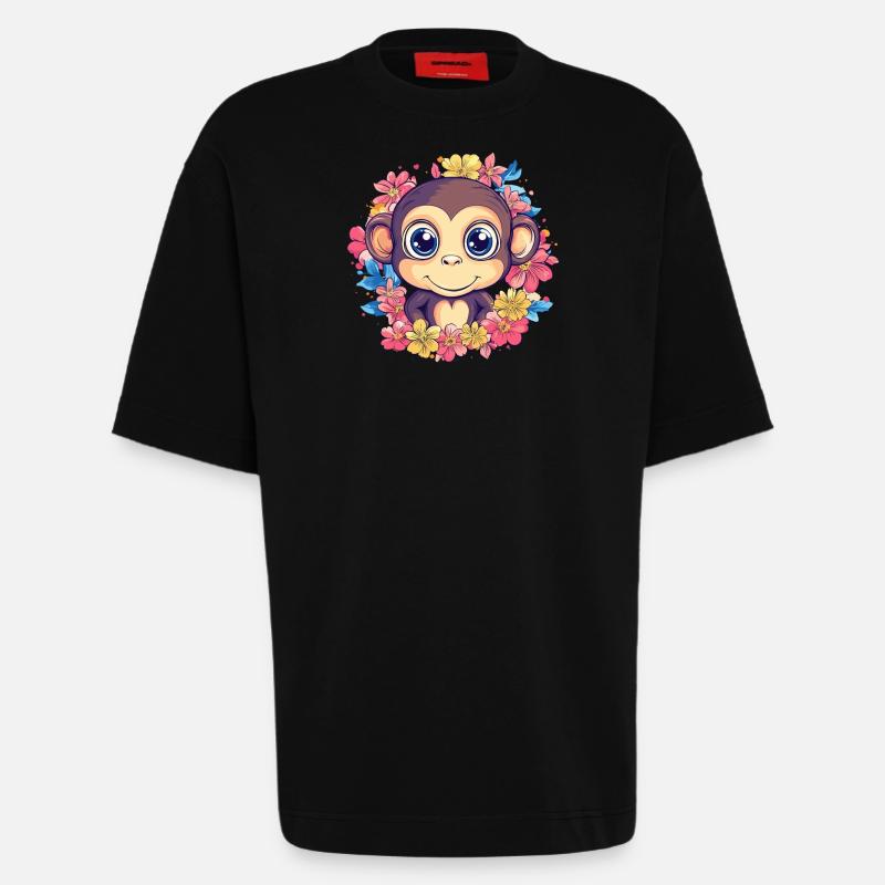 Fröhlicher Affe mit Blumen - Heavyweight T-Shirt - made by SPREAD  - SOLID BLACK
