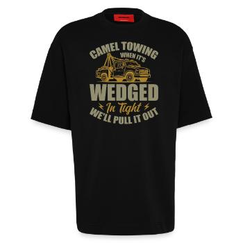 Camel Towing Adult Humor - Heavyweight T-Shirt - made by SPREAD  - SOLID BLACK - Front - Fiona (171cm)