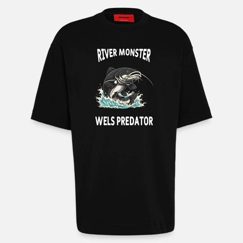 Pêche Rivière Silure Poisson Chat - T-shirt bio épais oversize fabriqué en UE - SOLID BLACK