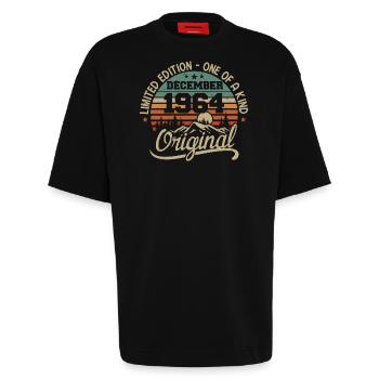 Original Cadeau Anniversaire 61 ans, Décembre 1964 - T-shirt bio épais oversize fabriqué en UE - SOLID BLACK - Devant - Fiona (171cm)