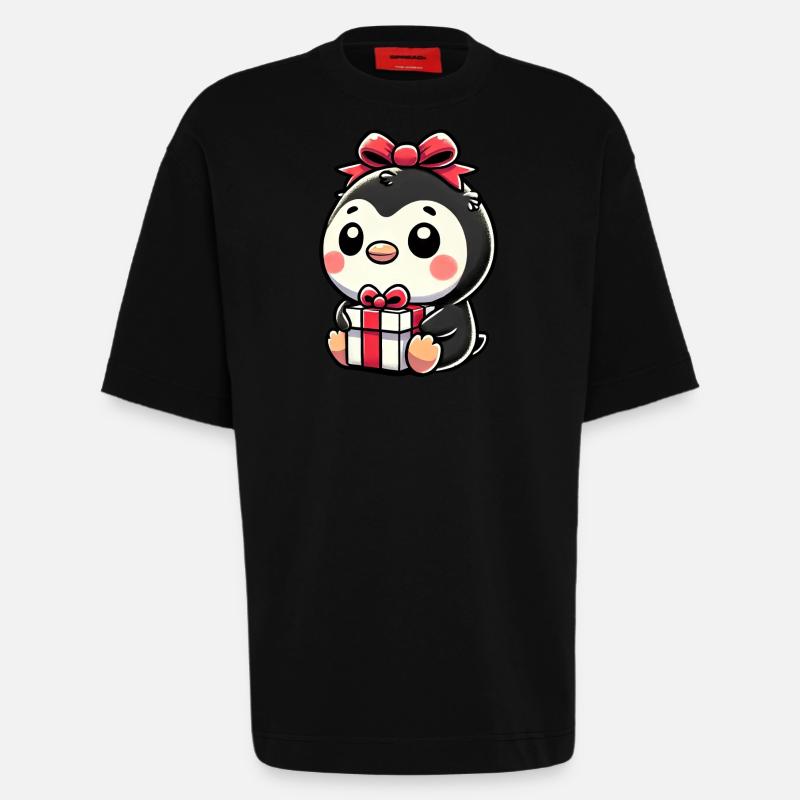 Weihnachtsmann und Pinguin mit Geschenk - Heavyweight T-Shirt - made by SPREAD  - SOLID BLACK