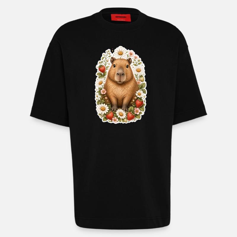 Capybara Erdbeeren Gänseblümchen Tierfreund - Heavyweight T-Shirt - made by SPREAD  - SOLID BLACK