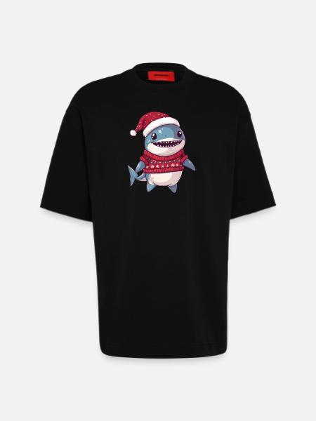 Shark Christmas Comic - Heavyweight T-Shirt - made by SPREAD  - SOLID BLACK