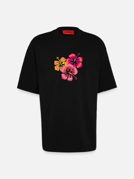 BALI fleurs d'hibiscus - T-shirt bio épais oversize fabriqué en UE - SOLID BLACK